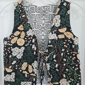 Upcycled Boho Ooak Tie Front Vest Tank, XS, Black Floral, Reversible, New, Hippy